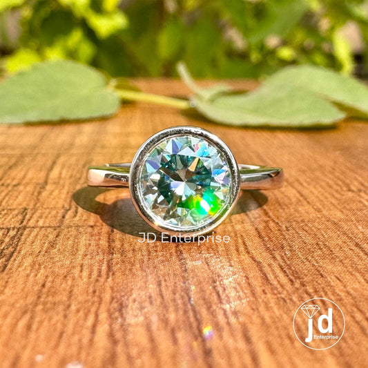 1.30CT Round Cut Aqua Blue Moissanite Engagement Ring, Bezel Set Wedding Ring, Comfort Fit Anniversary Gift Ring, Solitaire Moissanite Ring