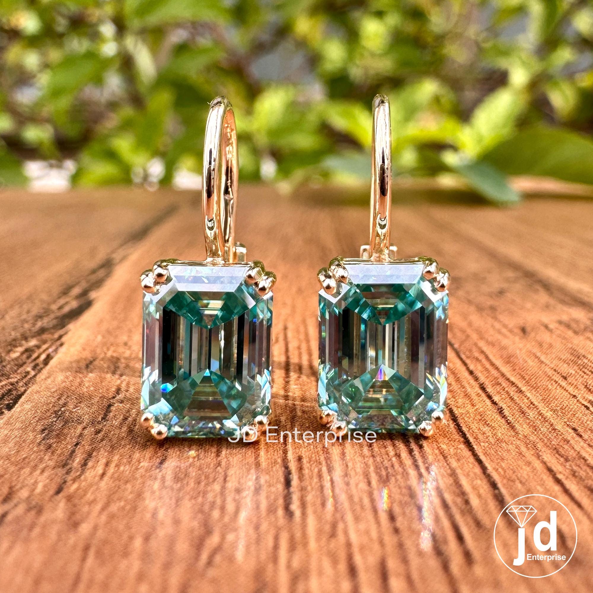 4.70 TCW Bluegreen Emerald Cut Moissanite Earrings, Moissanite Wedding Earrings, Emerald Cut Dangle Earrings, 10kt Yellow Gold Earrings