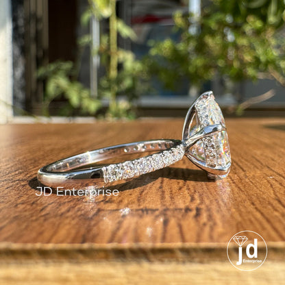 3.00 TCW Colorless Pear Cut Moissanite Engagement Ring, Hidden Halo Gorgeous Anniversary Ring, Pave Set Wedding Ring, 5 Prong Propose Ring