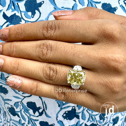 9.30 TW Cushion Cut Canary Yellow Moissanite Ring, Three Stone Engagement Ring, Side Half Moon Cut, Wedding Ring, Elongated Cushion Cut