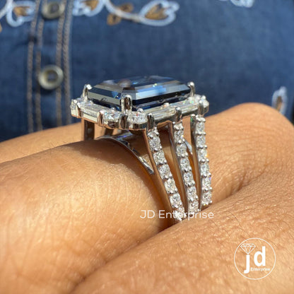 Large 6.70 CT Emerald Cut Royal Blue Moissanite Engagement Ring, Pave Split Shank Wedding Ring, Baguette & Round Halo Ring, Anniversary Gift