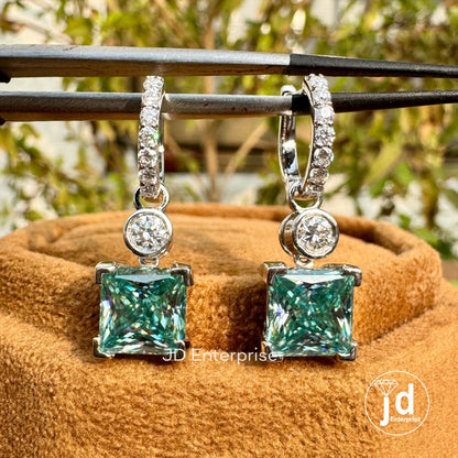4.57 TCW Princess Cut Bluegreen Moissanite Earrings, Dangle Drop Wedding Earrings, Bridal Earrings, Engagement Earrings, Anniversary Gift