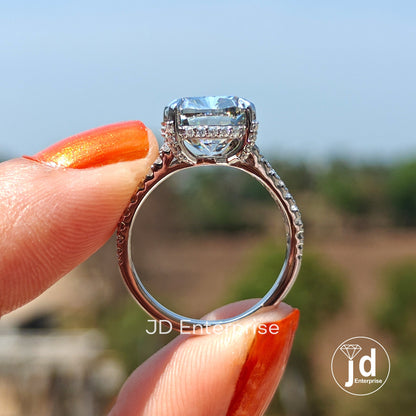 4.80CT Crushed Ice Cushion Light Grey Moissanite Engagement Ring, Hidden Halo Wedding Ring Pave Set Anniversary Ring, White Gold Bridal Ring