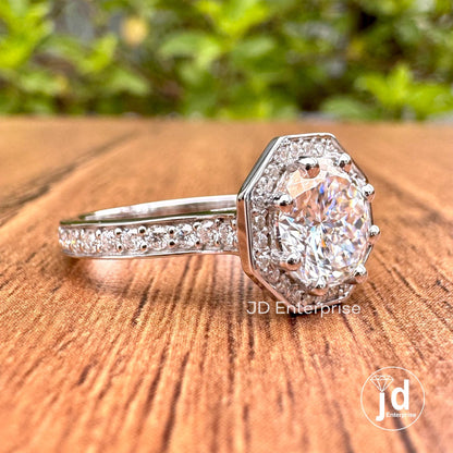 1.50 CT Portuguese cut Colorless Moissanite Engagement Ring, Halo Wedding Ring, Side Stone Round Pave Ring, Octagon Shape Bridal Ring