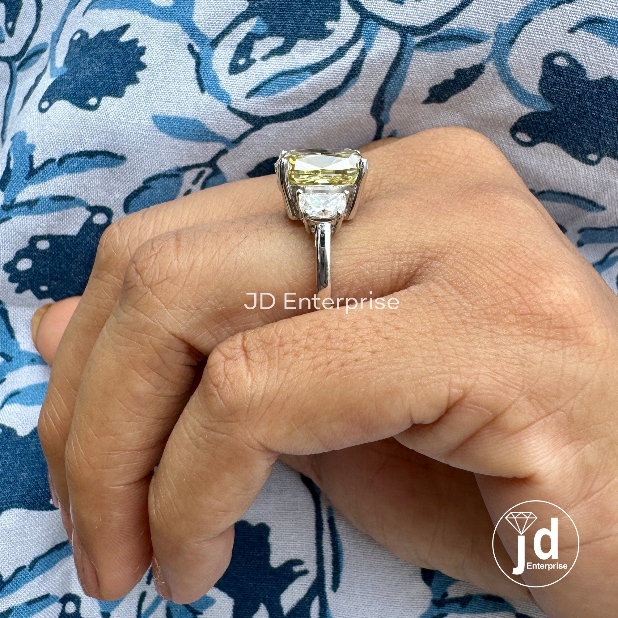 9.30 TW Cushion Cut Canary Yellow Moissanite Ring, Three Stone Engagement Ring, Side Half Moon Cut, Wedding Ring, Elongated Cushion Cut