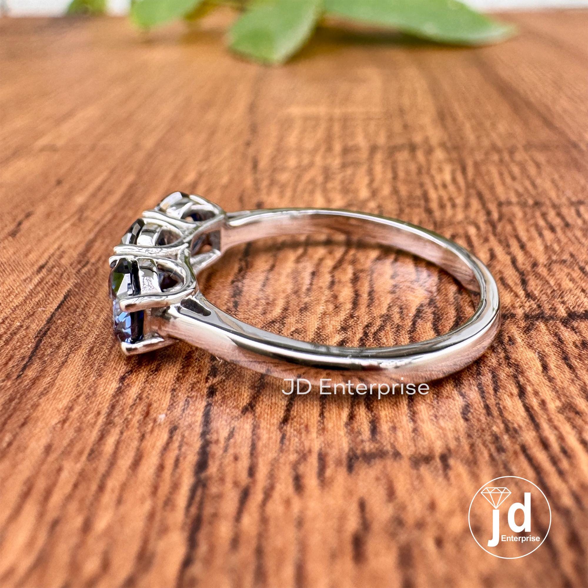 1.50 TCW Round Cut Antique Dark Blue Moissanite Engagement Ring, Three Stone Ring, White Gold Promise Ring, Wedding Ring, Anniversary Gift