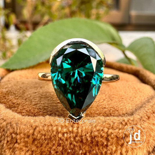 4.50CT Pear Green Moissanite Engagement Ring, Half Bezel Set Wedding Ring, Solitaire Bridal Ring, Celebrity Style Statement Anniversary Ring