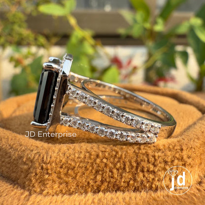 Emerald Cut Rich Deep Black Moissanite Halo Engagement Ring, Split Shank Pave Moissanite Wedding Ring for Her, Anniversary Gift, Bridal Ring