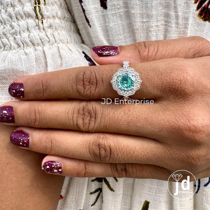Cyan Blue Portuguese Cut Moissanite Ring, White Gold Halo Engagement Ring, Round Pave Set, Milgrain Wedding Ring, Anniversary Ring