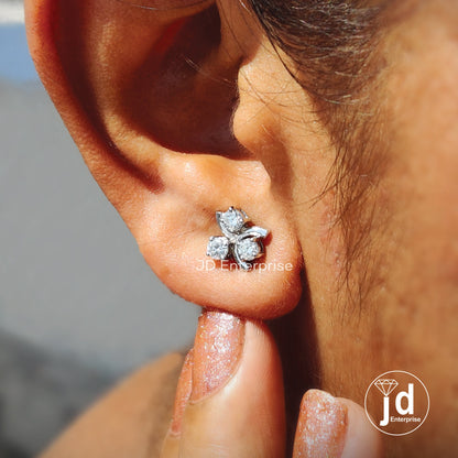 Floral Stud Earrings in Three Stone Design, 3.0 MM Round Cut Colorless Moissanite Stud Earrings, Birthday/Anniversary Statement Gift for Her