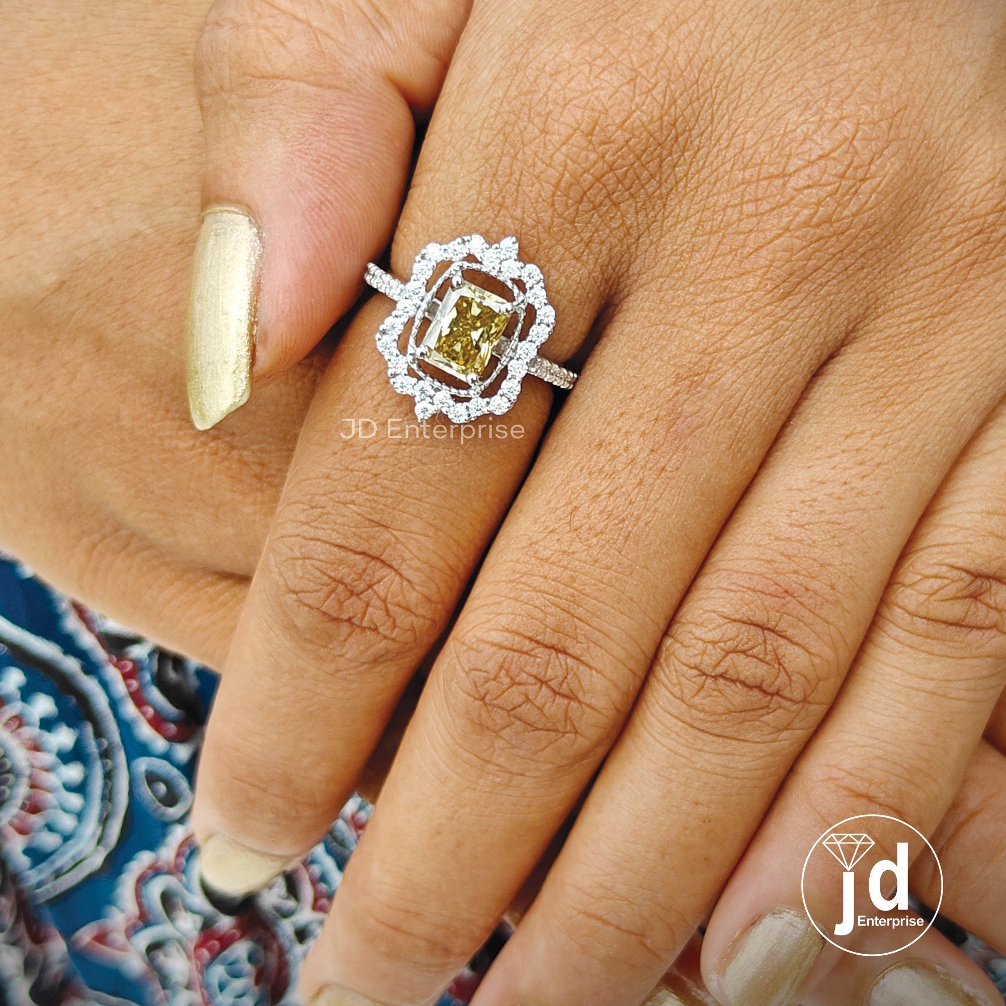 1.50 CT Radiant Cut Canary Yellow Moissanite Engagement Ring, Flower Style Halo Wedding Ring, Milgrain Ring, Art Deco Accent Bridal Ring Set