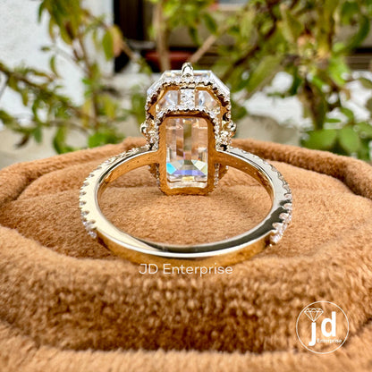 9.00 TCW Old Mine Emerald Cut Moissanite Engagement Ring, Hidden Halo Wedding Ring, Large Solitaire Celebrity Style Bridal Ring, Donut Pave