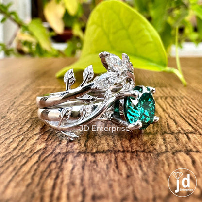 1.25 CT Portuguese Cut Green Moissanite Wedding Ring Set, Vintage Leaf Engagement Ring Set, Nature Inspired Anniversary Matching Band