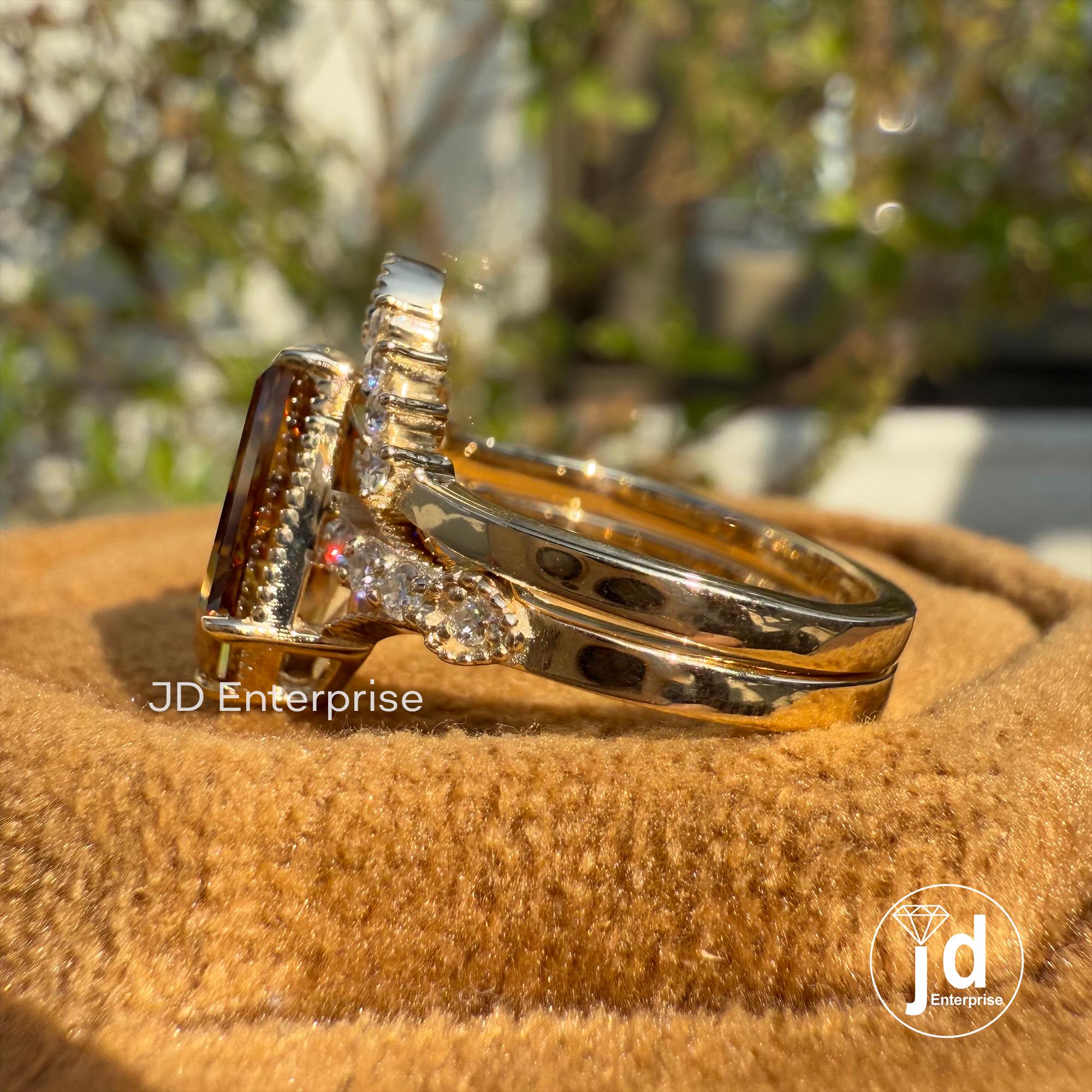 3.11 TCW Coffin Cut Brownish Champagne Moissanite Engagement Ring with Chevron Wedding Band, Art Deco Bridal Set, Milgrain Anniversary Ring