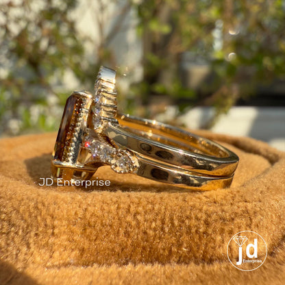 3.11 TCW Coffin Cut Brownish Champagne Moissanite Engagement Ring with Chevron Wedding Band, Art Deco Bridal Set, Milgrain Anniversary Ring