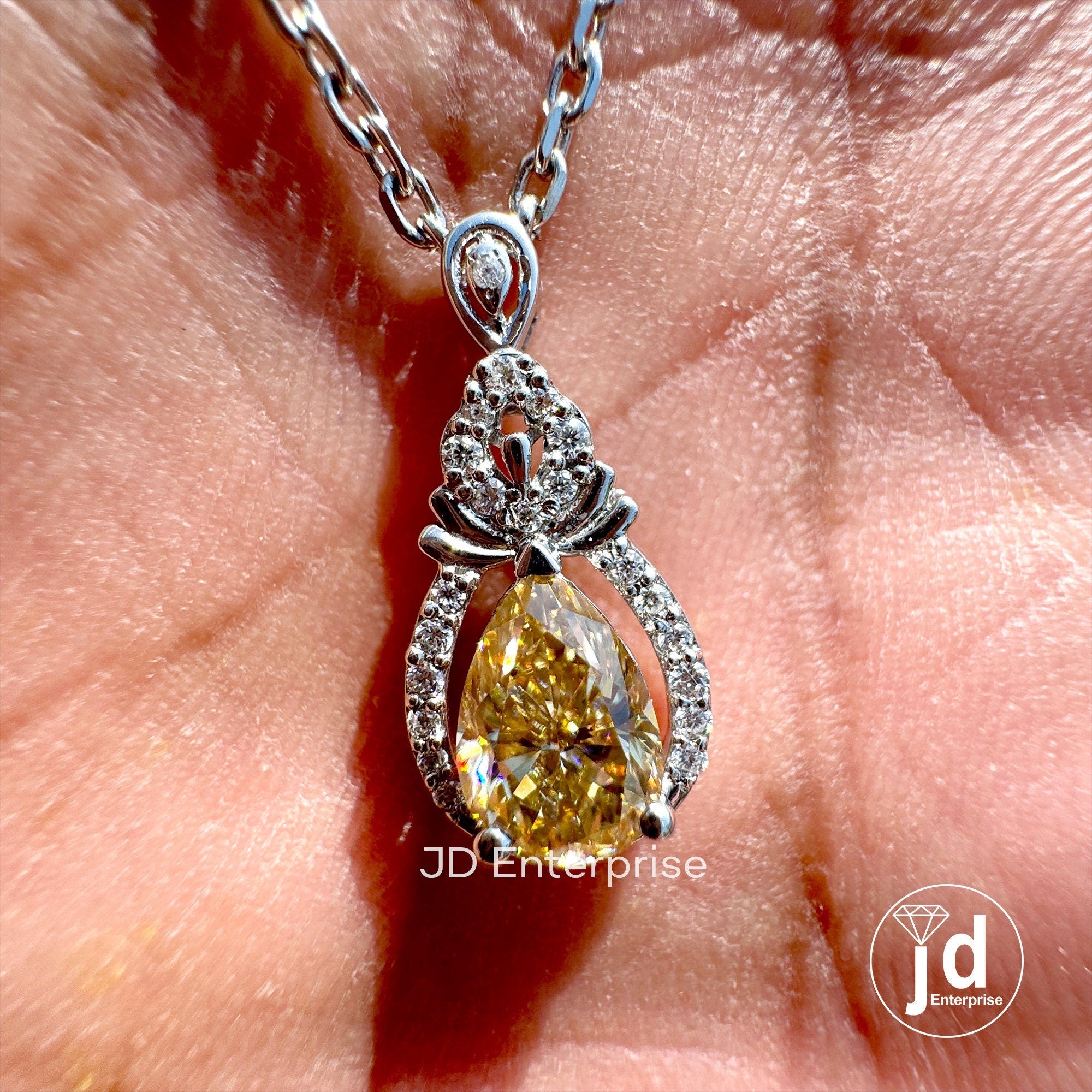 Canary Yellow Moissanite Charm Pendant Necklace, 1.50 CT Pear Cut Cluster Halo Wedding Necklace, Engagement/Anniversary/Birthday Gifts