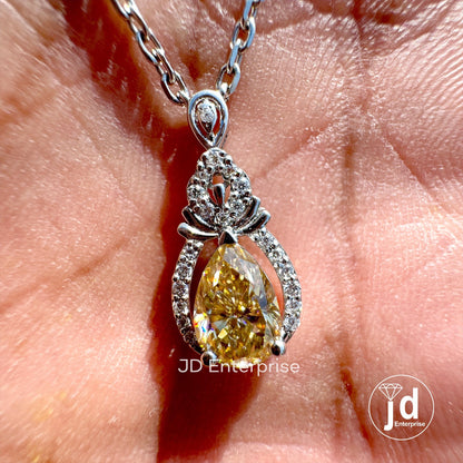 Canary Yellow Moissanite Charm Pendant Necklace, 1.50 CT Pear Cut Cluster Halo Wedding Necklace, Engagement/Anniversary/Birthday Gifts