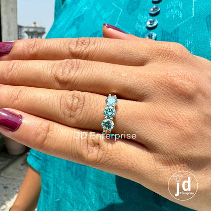 1.40 TCW Round Cut Cyan Blue Moissanite Engagement Ring, Three Stone Wedding Ring, Yellow Gold Promise Ring, Anniversary Gift, Travel Ring