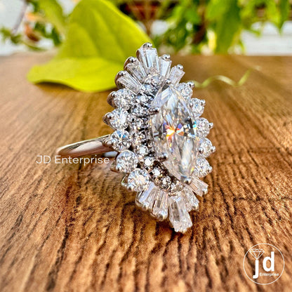 Celebrity Style Marquise Moissanite Engagement Ring, 2.15 TW Baguette and Round Cut Double Halo Wedding Ring, Starburst Halo Bridal Ring