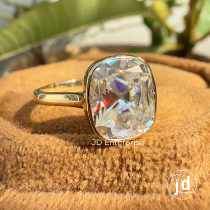 Bezel Set Solitaire Engagement Ring, 3.35 CT Colorless Cushion Old Mine Cut Moissanite Wedding Ring, Bridal Ring, Anniversary Gift Ring