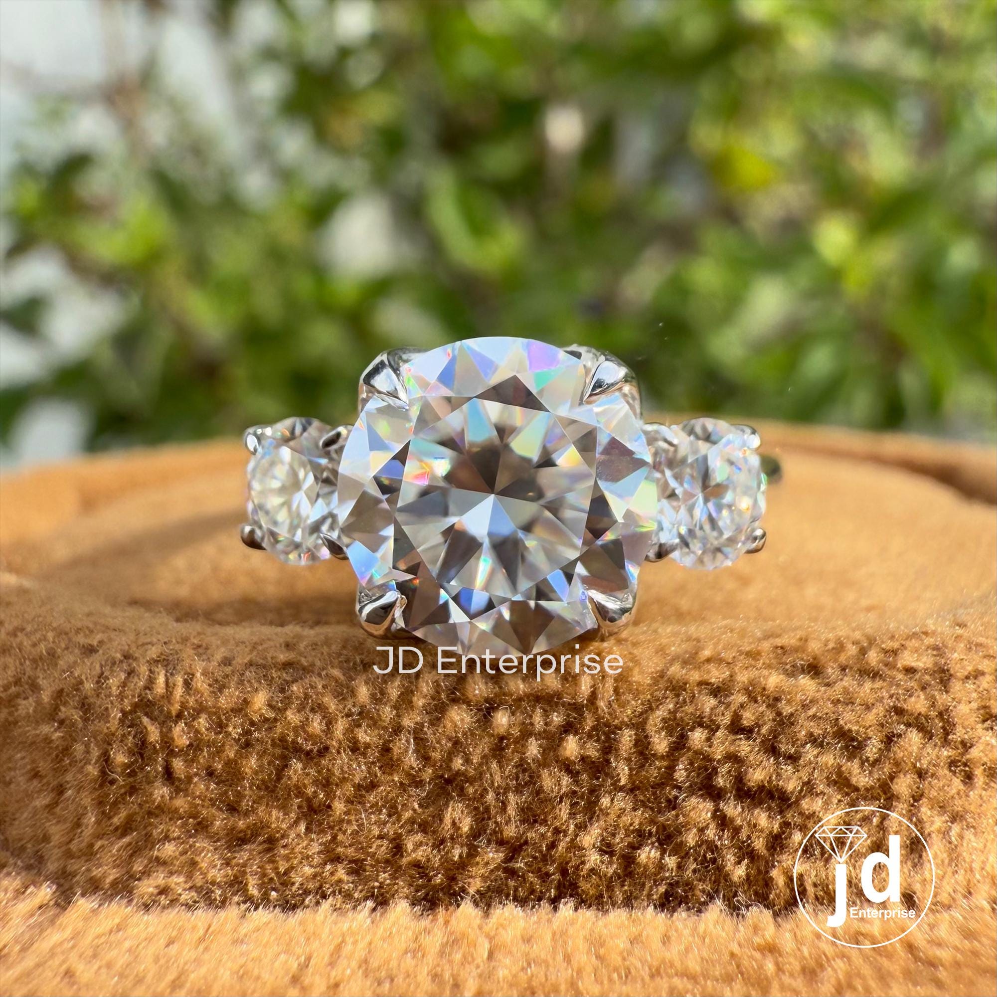 2.36 TW Round Brilliant Colorless Moissanite Ring, Three Stone Engagement Ring, Trellis Setting Wedding Ring, Proposal Ring, Promise Ring