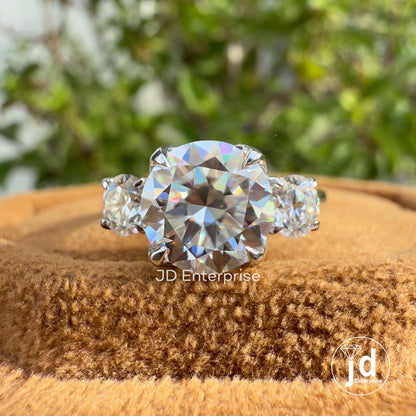 2.36 TW Round Brilliant Colorless Moissanite Ring, Three Stone Engagement Ring, Trellis Setting Wedding Ring, Proposal Ring, Promise Ring