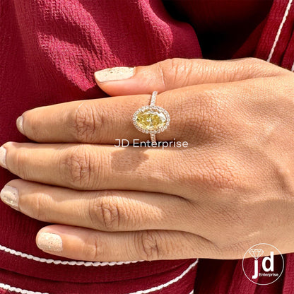 Classic 2.85TW Canary Yellow Oval Moissanite Halo Engagement Ring, Pave Set Wedding Ring, Bespoken Anniversary Ring, Designer Bridal Ring