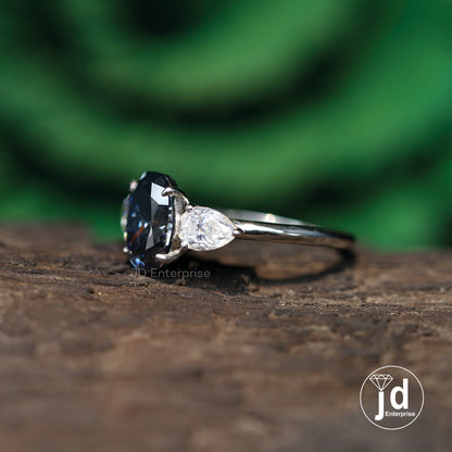 1.70 CT Dark Grey Oval Cut Moissanite Engagement Ring, Three Stone Wedding Ring, Crystal & Clear Pear Stone, Anniversary Gifts, Bridal Ring