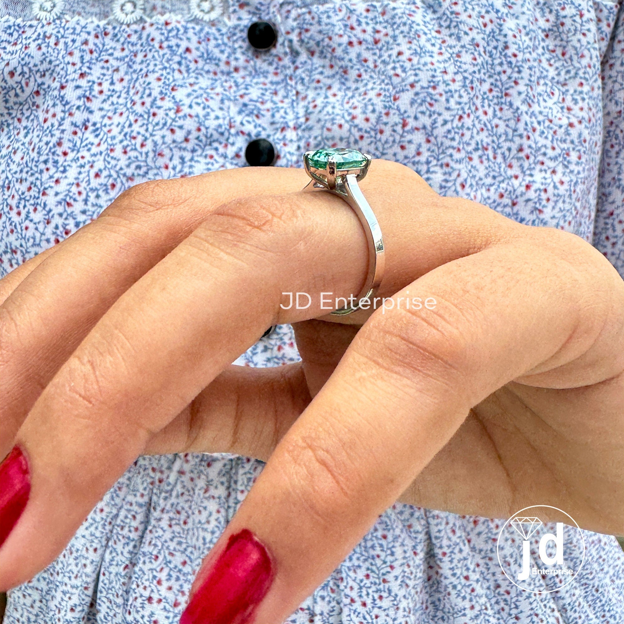 2.10 CT Fancy Green Moissanite Engagement Ring, Elongated Old Mine Cushion Cut Moissanite Anniversary Ring, Solitaire Proposal Ring for Her