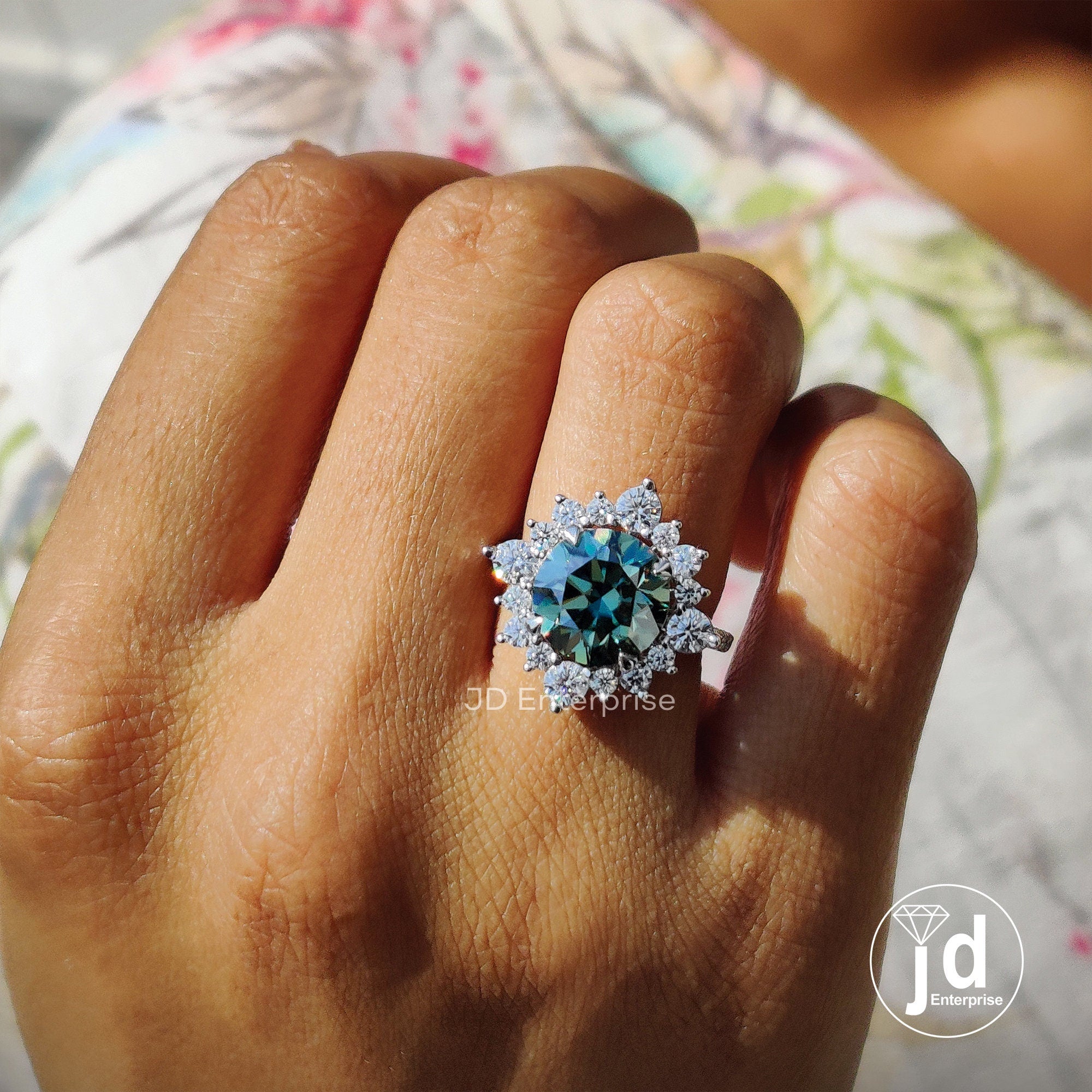 3.60 CT Round Cut Bluegreen Moissanite Engagement Ring, Vintage Halo Anniversary Ring, Pave Set Wedding Rings for Women, Bridal Ring Set