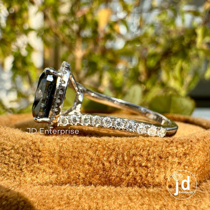 3.00 CT Elongated Cushion Cut Dark Grey Moissanite Engagement Ring, Halo Wedding Ring, Pave Set Bypass Shank, Bridal Ring, Anniversary Ring