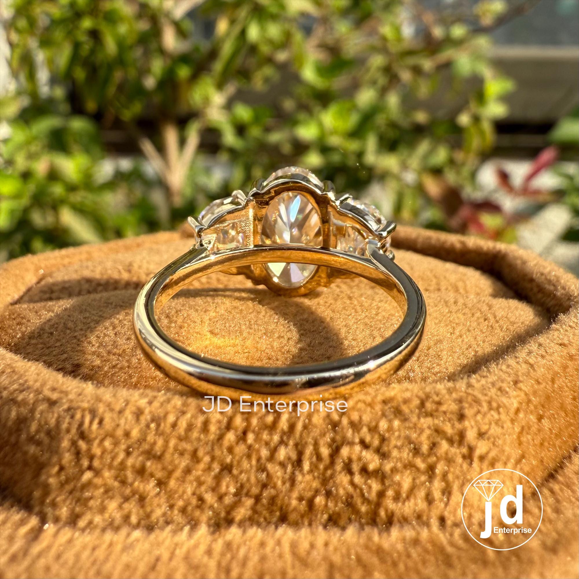 3.33 TCW Oval Cut Moissanite Engagement Ring, Side Stone Half Moon, Yellow Gold Three Stone Wedding Ring, Anniversary Ring, Trilogy Ring