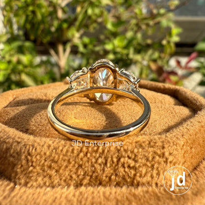 3.33 TCW Oval Cut Moissanite Engagement Ring, Side Stone Half Moon, Yellow Gold Three Stone Wedding Ring, Anniversary Ring, Trilogy Ring