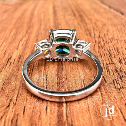 4.00TCW Cushion Cut Green Moissanite Engagement Ring, Three Stone Ring, White Gold Bridal Ring, Cocktail Anniversary Gift Ring, Wedding Ring