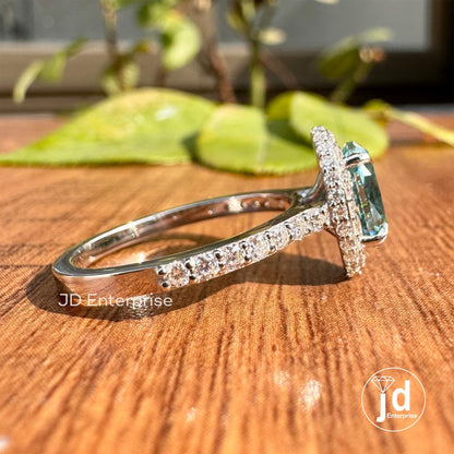 1.00 CT Blue Color Oval Cut Engagement Ring, Halo - Hidden Halo Moissanite Wedding Ring, Bridge Accent Ring, Anniversary Gifts