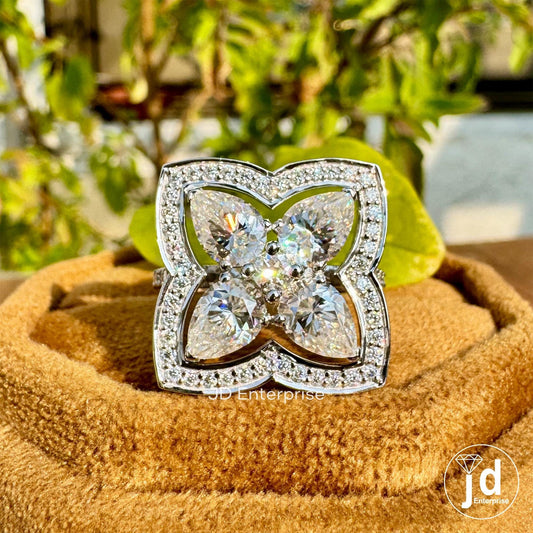 Cluster Halo Moissanite Engagement Ring, Pear & Round Halo Moissanite Ring, Five Stone Wedding Ring, Pave Set Bridal Ring, Anniversary Gift