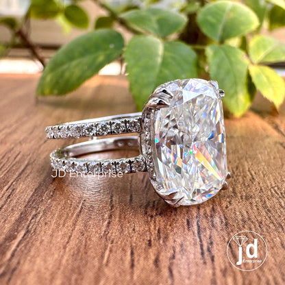 Large 7.25 CT Elongated Cushion Cut Moissanite Ring, Hidden Halo Engagement Ring, Dual Shank Wedding Ring, Pave Set Celebrity Style Ring
