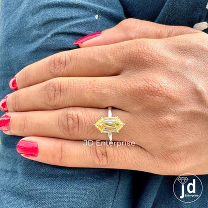 4.00 CT Hexagon Cut Canary Yellow Moissanite Engagement Ring, Yellow Solitaire Wedding Ring, Elongated Hexagon Cut Anniversary Gift Rings