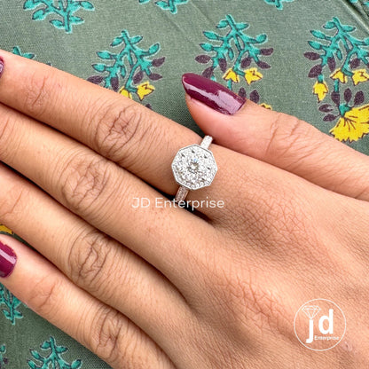 1.50 CT Portuguese cut Colorless Moissanite Engagement Ring, Halo Wedding Ring, Side Stone Round Pave Ring, Octagon Shape Bridal Ring