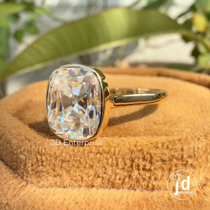 Bezel Set Solitaire Engagement Ring, 3.35 CT Colorless Cushion Old Mine Cut Moissanite Wedding Ring, Bridal Ring, Anniversary Gift Ring