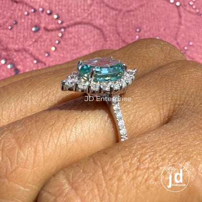 3.00 CT Blue Oval Step Cut Moissanite Engagement Ring, Cluster Halo Wedding Ring, Pave Set Bridal Ring, Anniversary Gifts Ring, Promise Ring