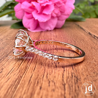 Vintage Style Engagement Ring, Antique Portuguese Moissanite Solitaire Ring, Colorless Round Wedding Ring, 18k Rose Gold Anniversary Ring
