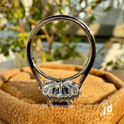 Vintage Engagement Ring, 3.12 TCW Radiant Cut Dark Blue Moissanite Wedding Ring, Flower Style Halo Ring, Double Prongs, Anniversary Gift