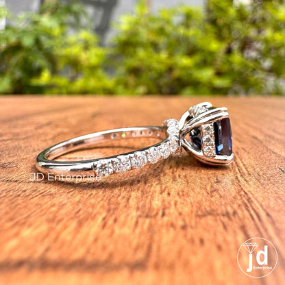 3.06 TCW Dark Blue Radiant Cut Moissanite Engagement Ring, East to West Set Anniversary Ring, Hidden Halo Wedding Ring, Pave Set Bridal Ring