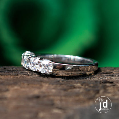 Asscher Cut Moissanite Wedding Band, Five Stone Moissanite Proposal Band, Trellis Setting Shared Prong, Engagement Band, Bridal Band