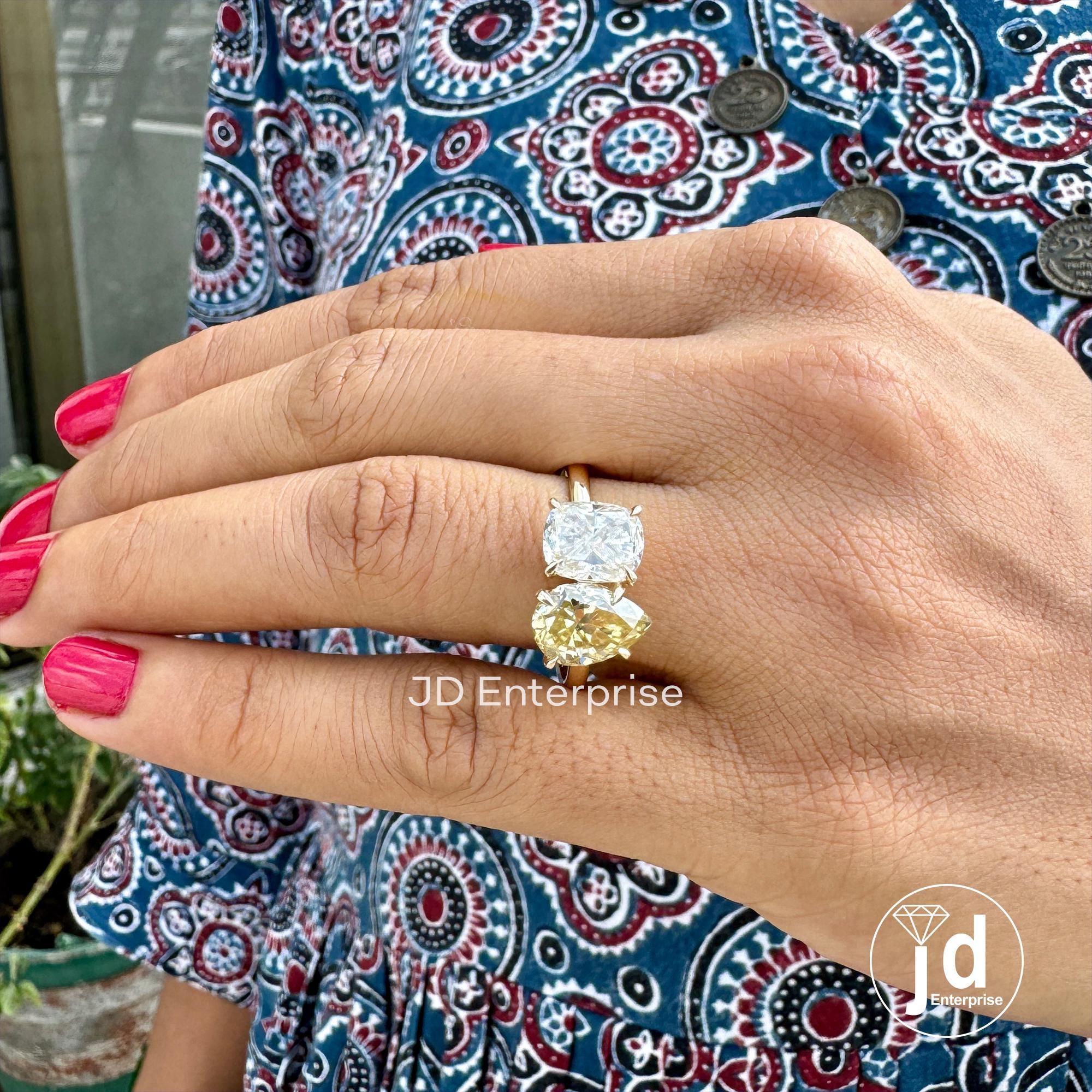 Cushion & Pear Cut Moissanite Ring, Toi Et Moi Engagement Ring, Canary Yellow or Colorless Two Stone Anniversary Ring, Vintage Wedding Ring