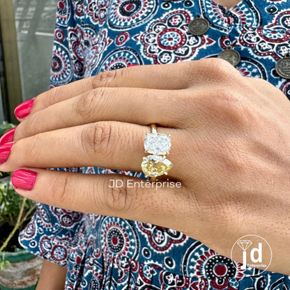 Cushion & Pear Cut Moissanite Ring, Toi Et Moi Engagement Ring, Canary Yellow or Colorless Two Stone Anniversary Ring, Vintage Wedding Ring