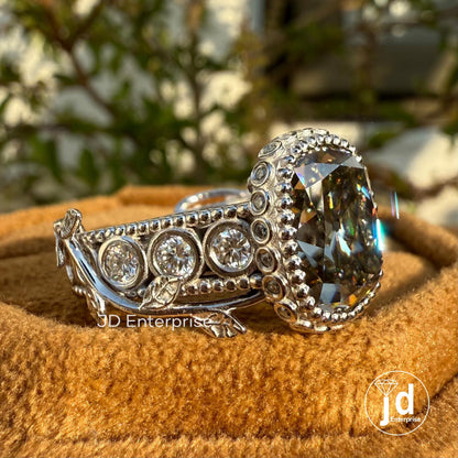 Vintage 5.24 TCW Light Grey Old Mine Cushion Cut Engagement Ring, Bezel Set Branch & Leaf Moissanite Wedding Ring, Milgrain Hidden Halo Ring