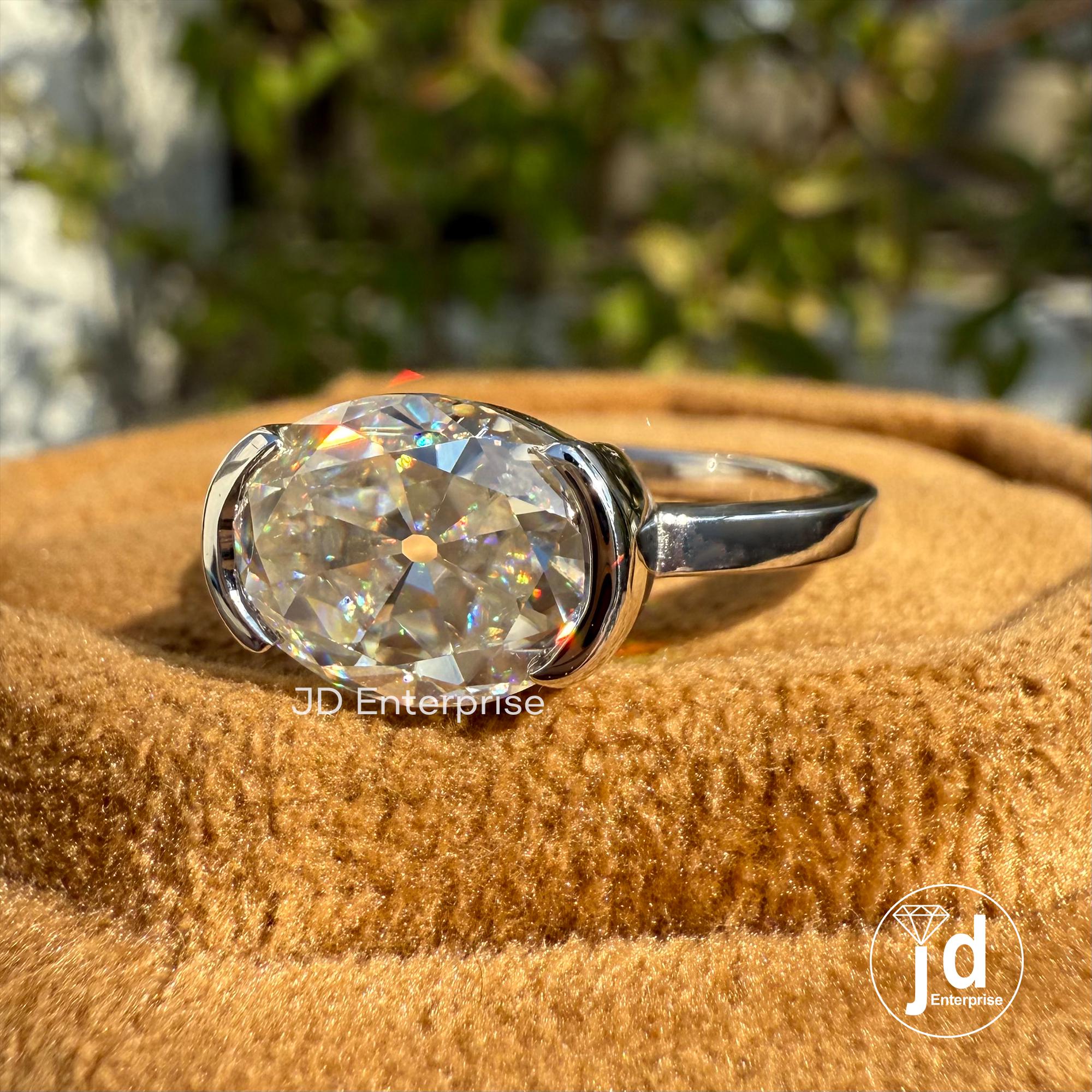 Old Mine Oval Cut Half Bezel Set Engagement Ring, 3.20 CT Near Colorless Solitaire Moissanite Wedding Ring, Euro Shank Ring, Bridal Ring