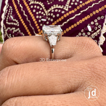 Three Stone Radiant Cut Engagement Ring, 5.65 TW Large Radiant Moissanite Ring, Celebrity Style, Crushed Ice Moissanite, Luxury Wedding Ring